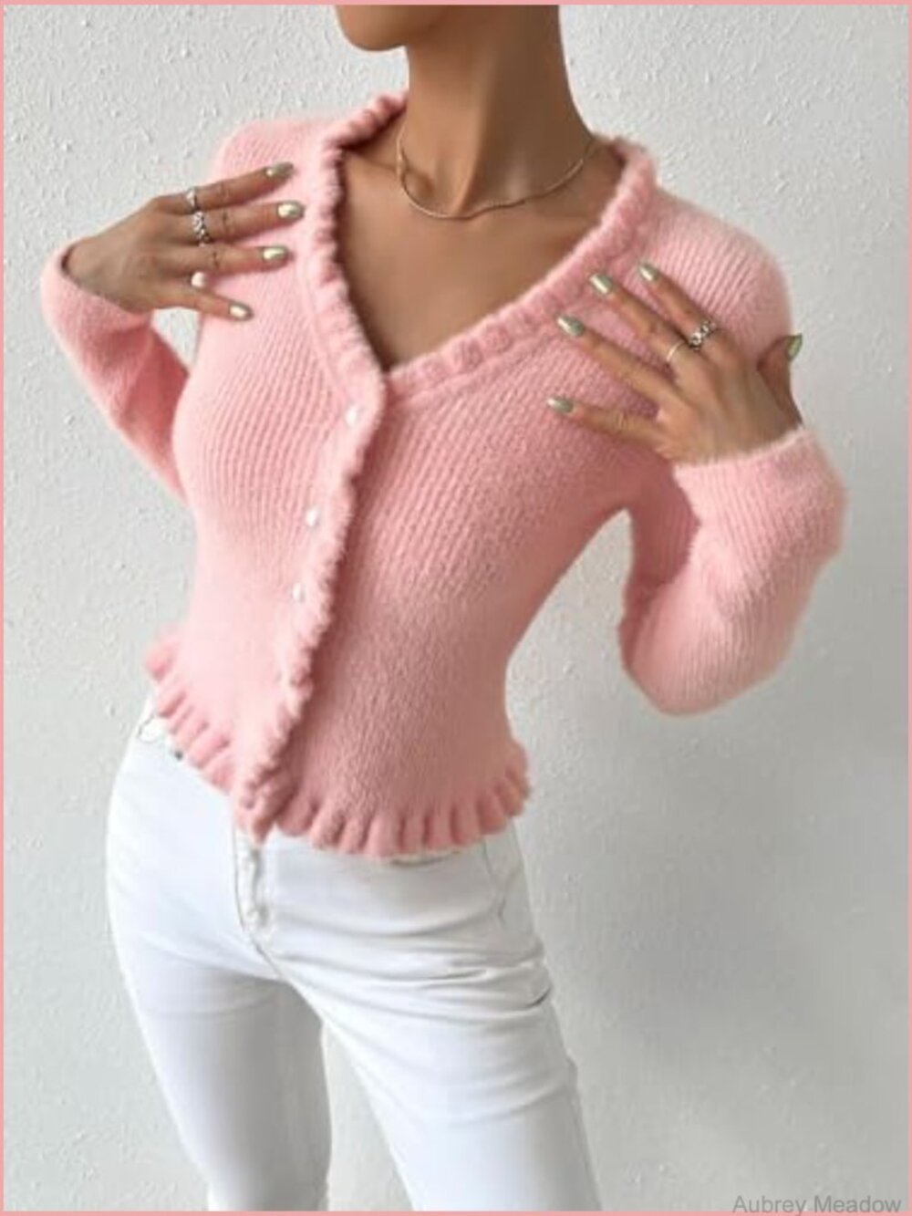 Ruffle Button Cardigan Knitted Cropped V-Neck Long Sleeve Front Open Top - Picture 7 of 7